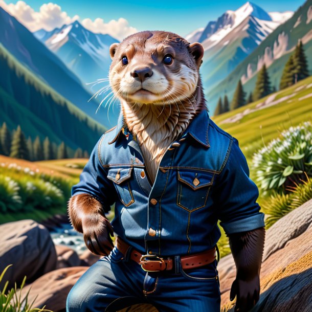 Photo of a otter in a jeans in the mountains