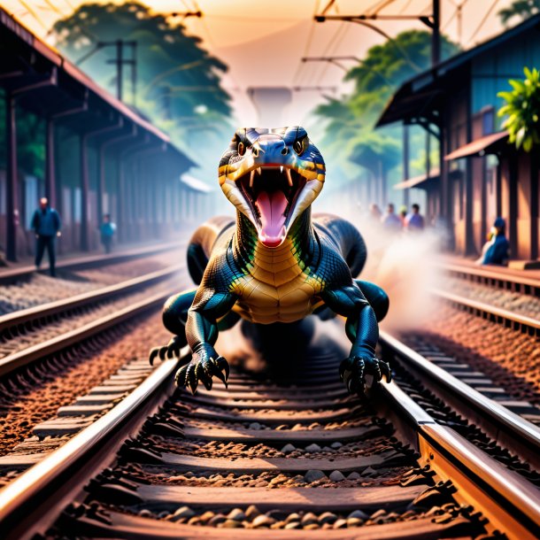 Photo of a jumping of a cobra on the railway tracks