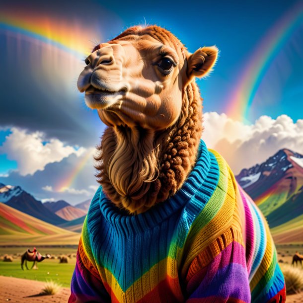 Photo of a camel in a sweater on the rainbow