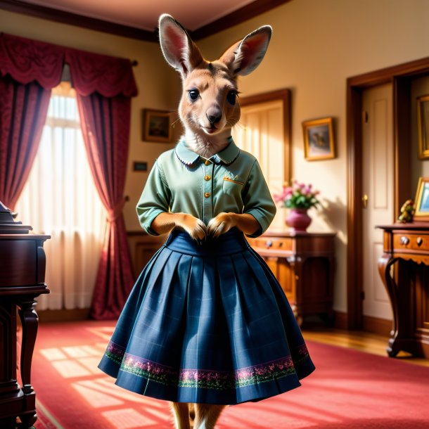 Photo of a kangaroo in a skirt in the house