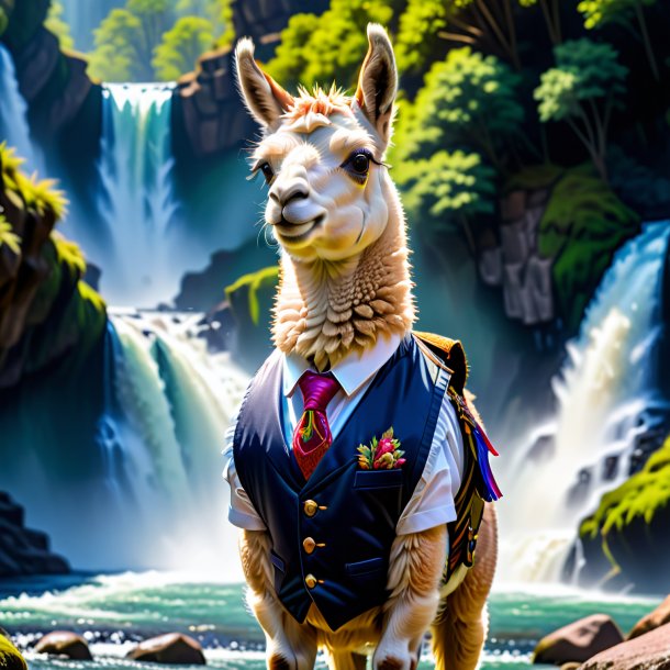 Picture of a llama in a vest in the waterfall