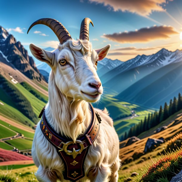 Photo of a goat in a belt in the mountains