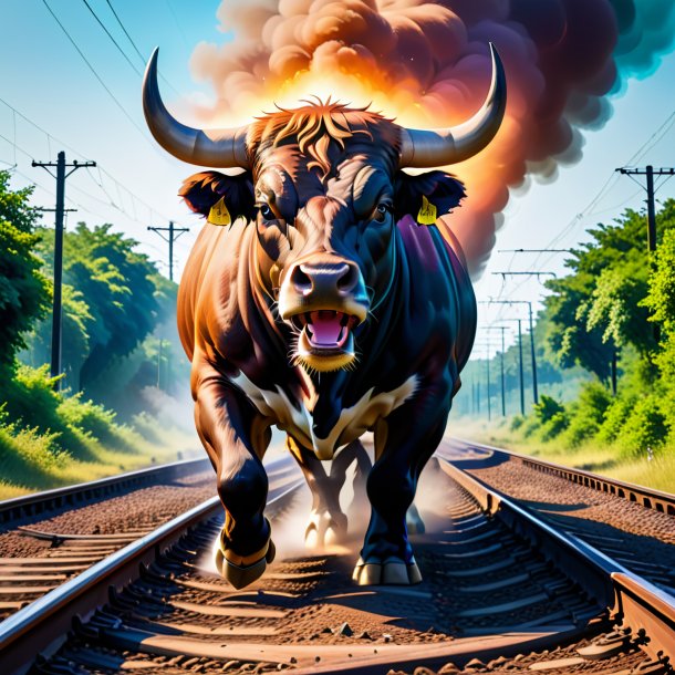 Pic of a threatening of a bull on the railway tracks