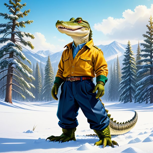 Drawing of a alligator in a trousers in the snow