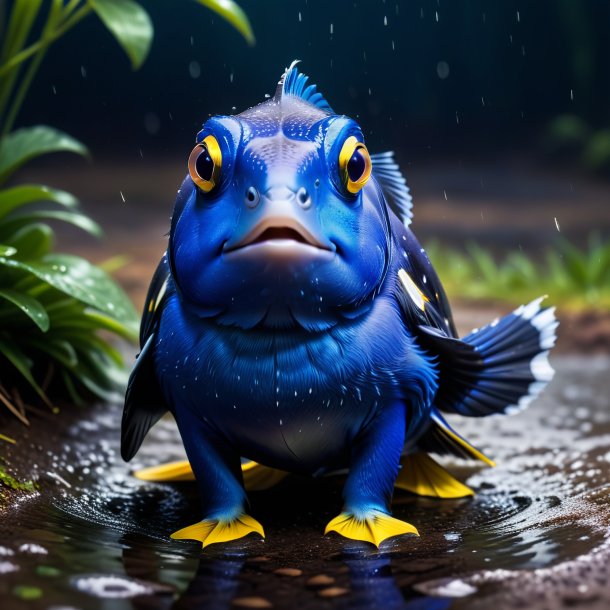 Photo of a blue tang in a coat in the puddle