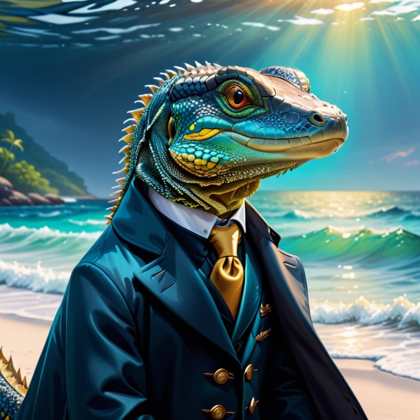 Drawing of a monitor lizard in a coat in the sea