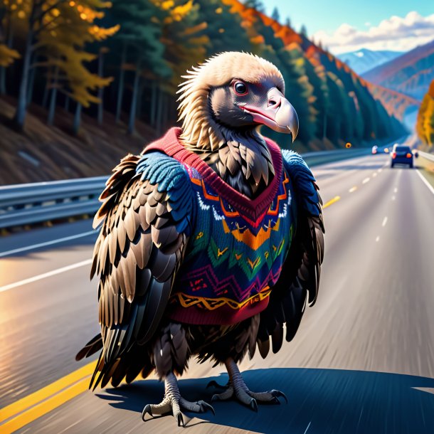 Drawing of a vulture in a sweater on the highway