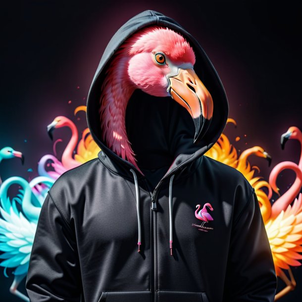 Picture of a flamingo in a black hoodie