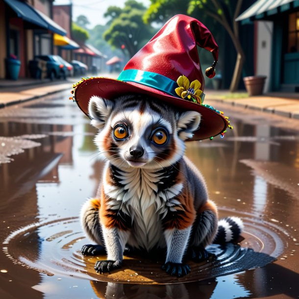 Drawing of a lemur in a hat in the puddle