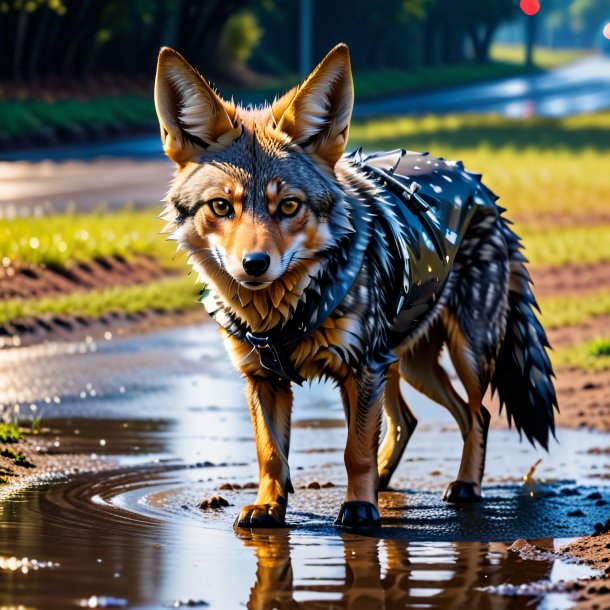 Pic d'un chacal dans un manteau dans la flaque