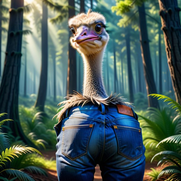 Image of a ostrich in a jeans in the forest