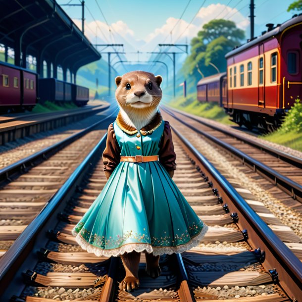 Ilustración de una nutria en un vestido en las vías del ferrocarril