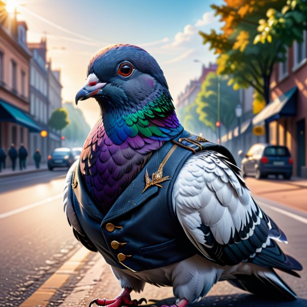 Illustration d'un pigeon dans un gilet sur la route