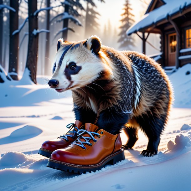 Photo d'un blaireau dans une chaussure dans la neige