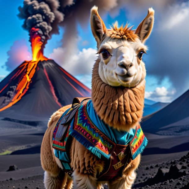 Photo of a llama in a vest in the volcano