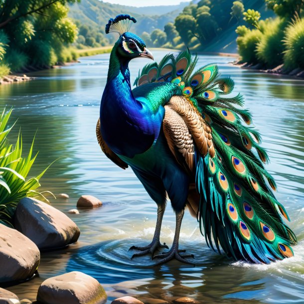 Picture of a peacock in a jeans in the river