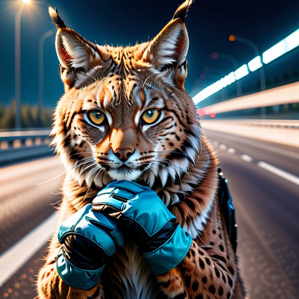 Imagen de un lince en guantes en la carretera