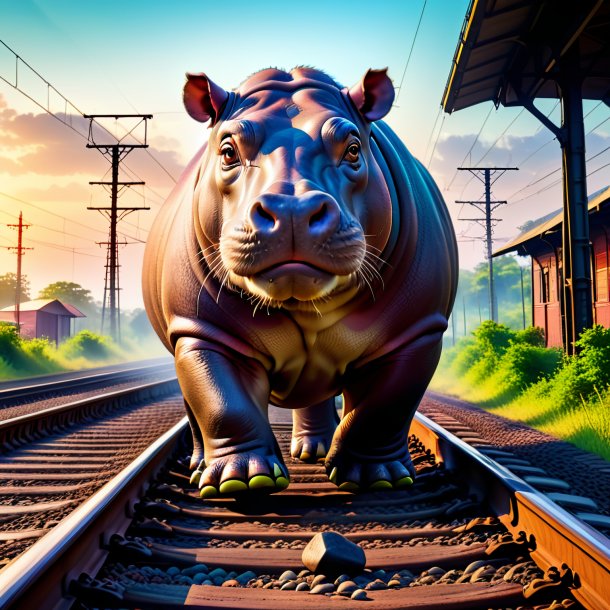 Photo of a hippopotamus in a shoes on the railway tracks