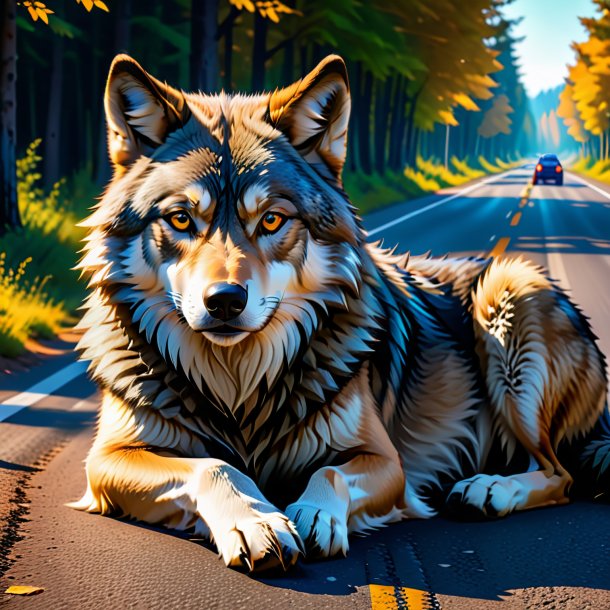 Picture of a resting of a wolf on the road