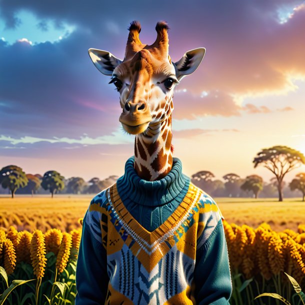 Picture of a giraffe in a sweater on the field