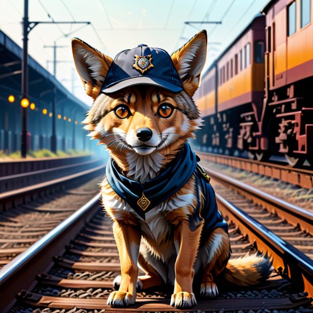 Drawing of a jackal in a cap on the railway tracks