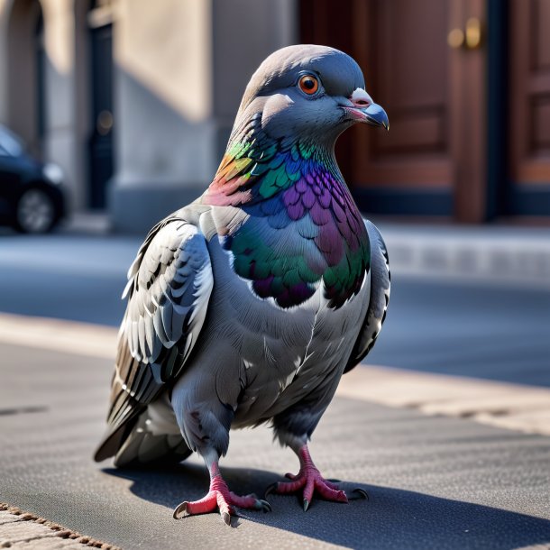 Imagem de um pombo em um jeans cinza