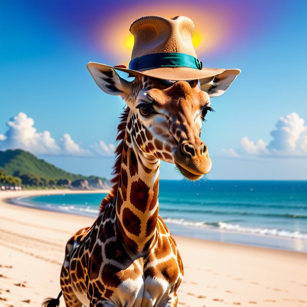 Image of a giraffe in a hat on the beach