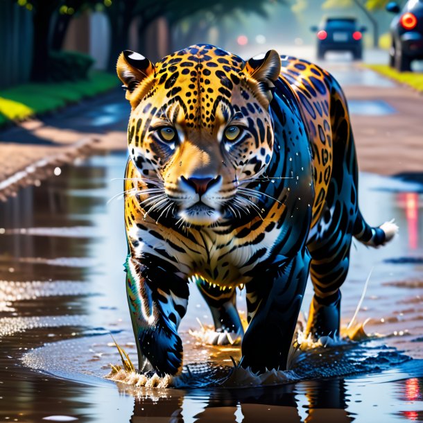 Image of a jaguar in a vest in the puddle