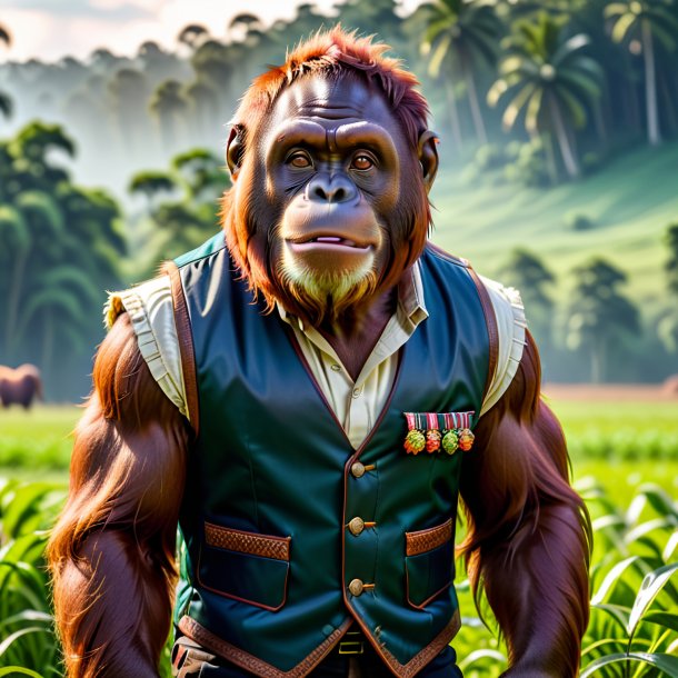 Pic of a orangutan in a vest on the field