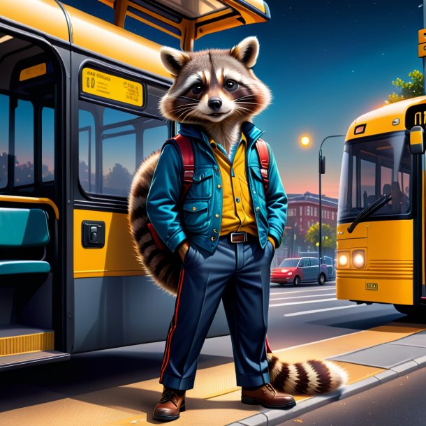 Illustration of a raccoon in a trousers on the bus stop