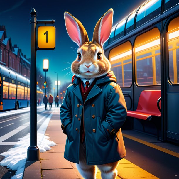 Illustration d'un lapin en manteau sur l'arrêt de bus