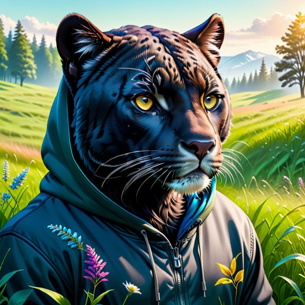 Drawing of a panther in a hoodie in the meadow