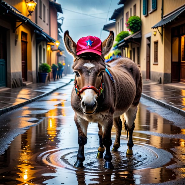 Foto de un burro en un gorro en el charco