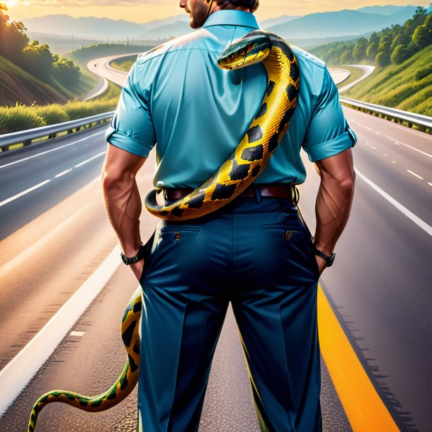 Ilustração de uma cobra em uma calça na estrada