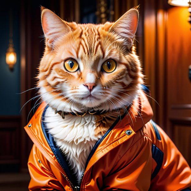 Picture of a cat in a orange jacket