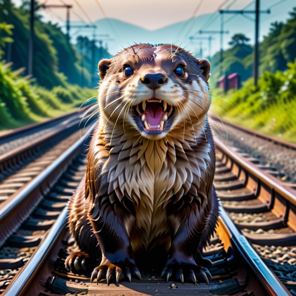 Foto de un enojado de una nutria en las vías del tren