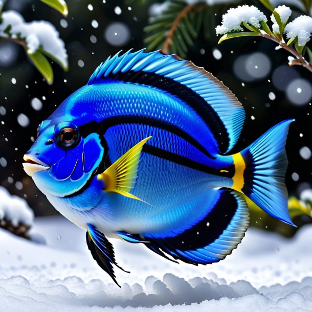 Picture of a blue tang in a vest in the snow