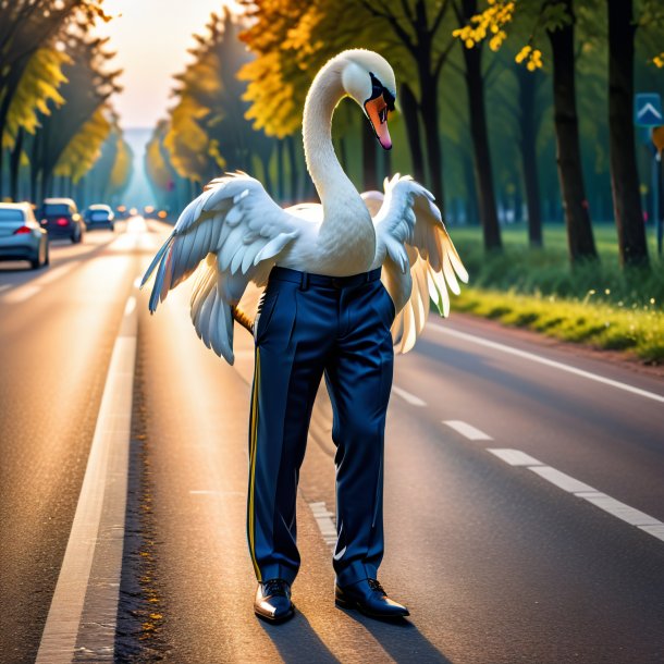 Pic of a swan in a trousers on the road