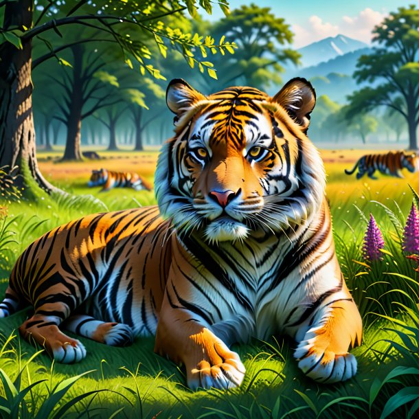 Image of a resting of a tiger in the meadow