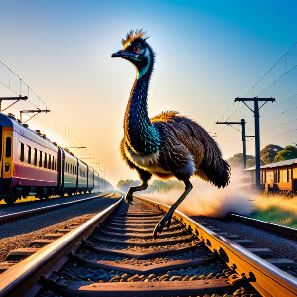 Foto de un salto de un emu en las vías del tren