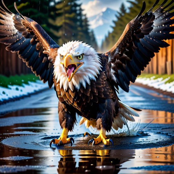 Image of a angry of a eagle in the puddle