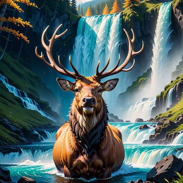 Illustration of a elk in a hat in the waterfall