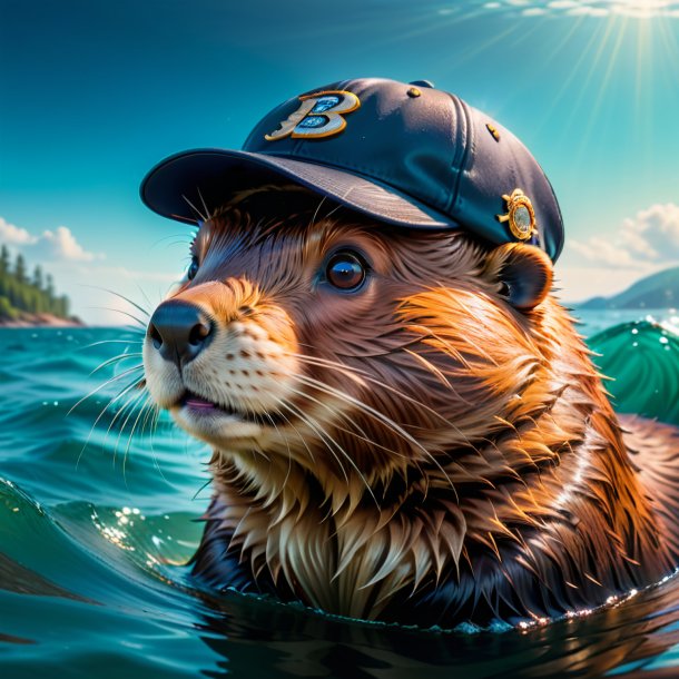 Pic of a beaver in a cap in the sea