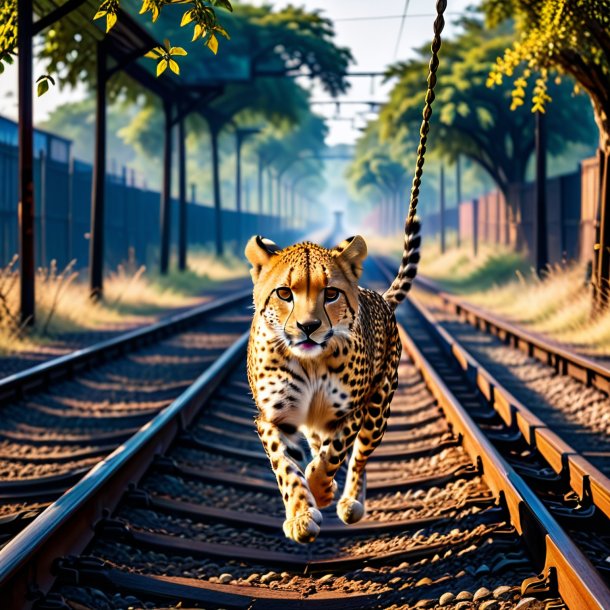 Image of a swinging on a swing of a cheetah on the railway tracks