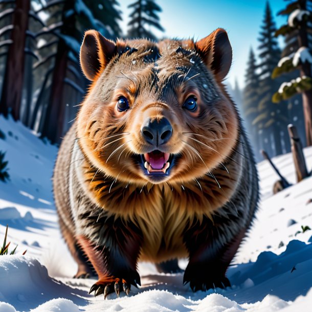 Picture of a angry of a wombat in the snow