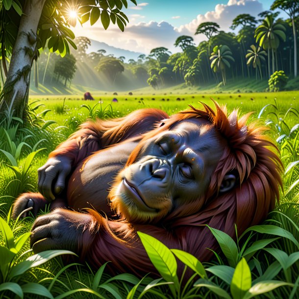 Photo of a sleeping of a orangutan in the meadow