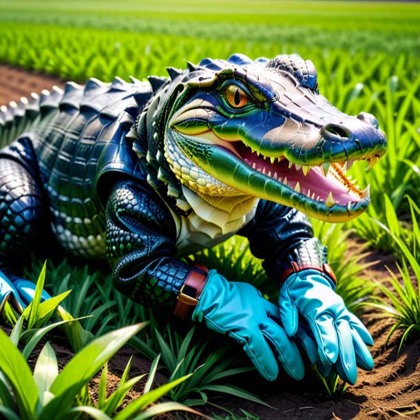 Foto de un caimán en guantes en el campo