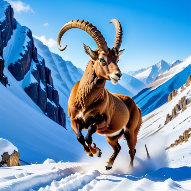 Image of a jumping of a ibex in the snow