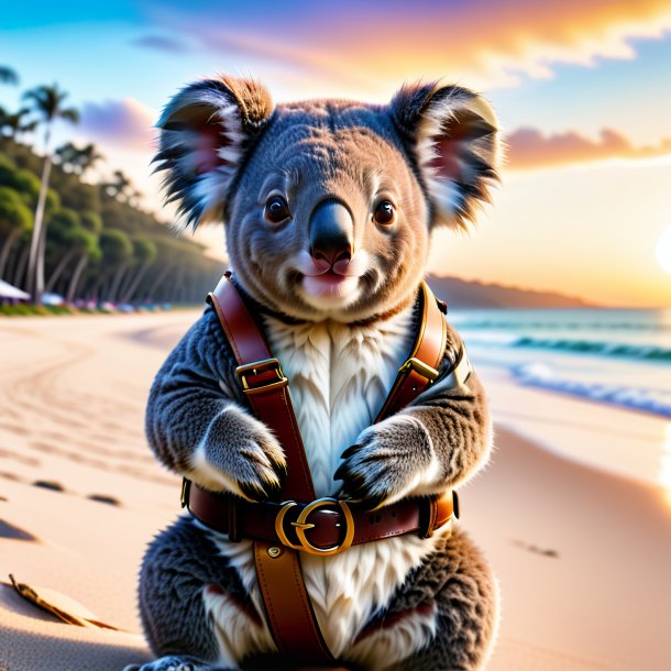 Foto de un koala en un cinturón en la playa