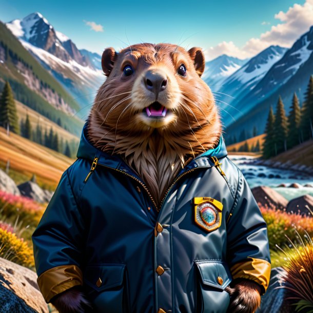 Image of a beaver in a jacket in the mountains